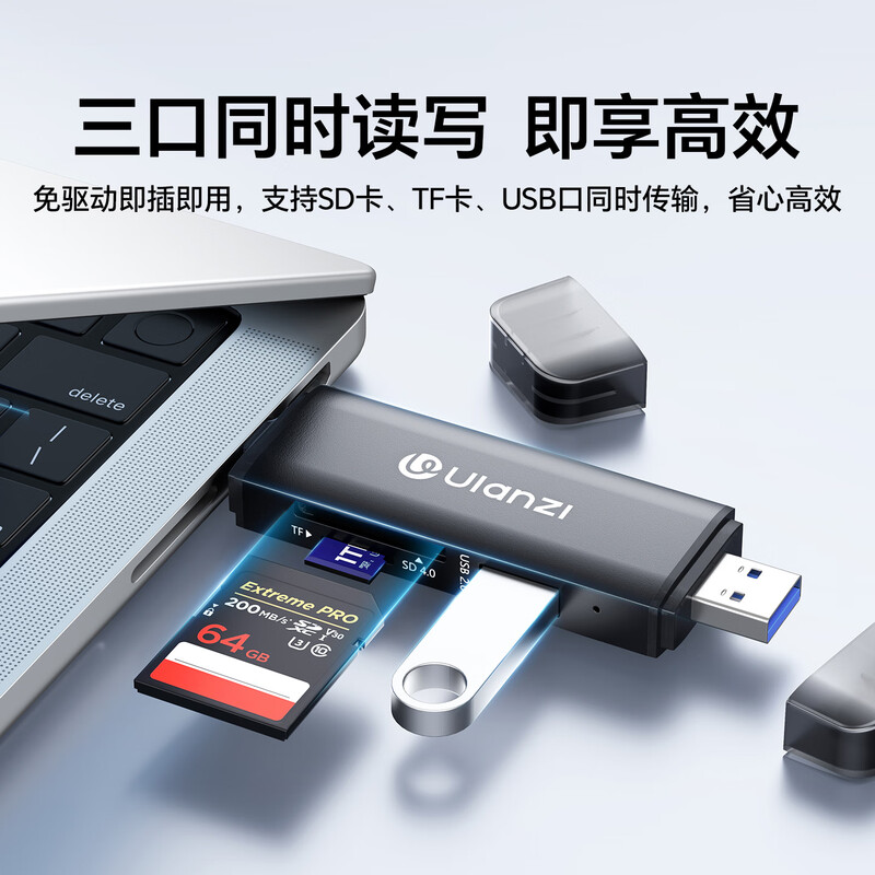 Ulanzi CR3 three-in-one Type-C/USB 4.0 high-speed SD/TF card reader, multi-functional dual-card simultaneous reading, suitable for mobile phones, cameras, computers, tablets, iPhone 16, three-in-one card reader 4.0