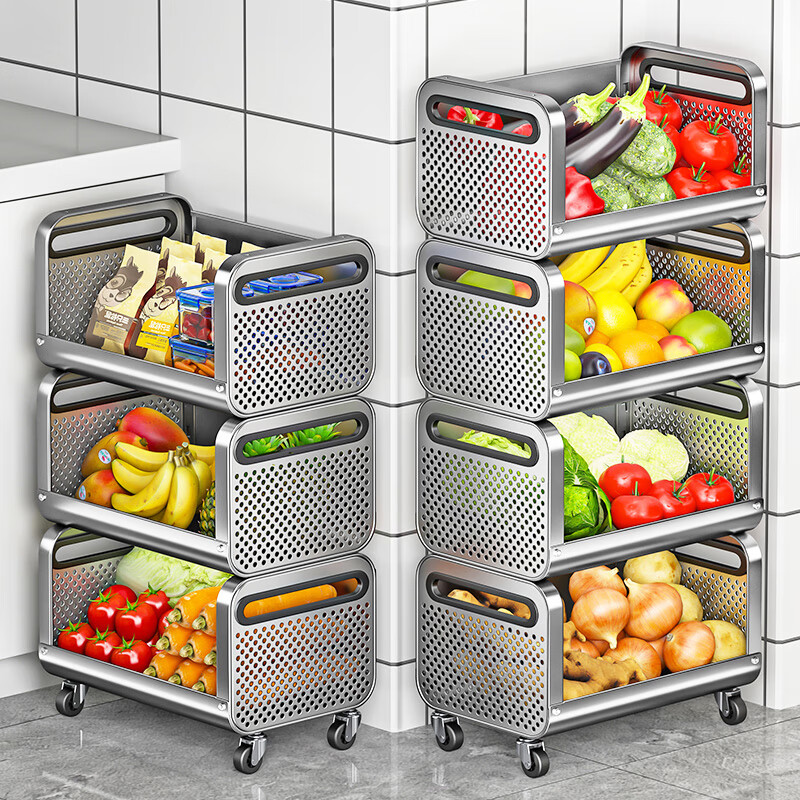 Fat Donglai's same style stainless steel kitchen rack thickened vegetable floor-standing multi-layer vegetable basket storage rack with water discharge stainless steel 40CM five layers SF Express