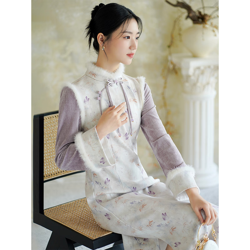 Chuchan Yishi new Chinese style national style dress for women 2025 new winter brushed plus velvet fake two-piece oblique placket buckle slim cheongsam Charming Purple M (pre-order)