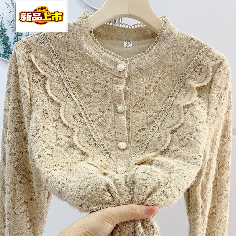 First-diameter stand-up collar fungus lace plus velvet lace bottoming shirt for women, loose shirt that looks slim and covers the flesh, small fragrance, thickened and warm in winter, white 2XL 180 yards (115-130 pounds)