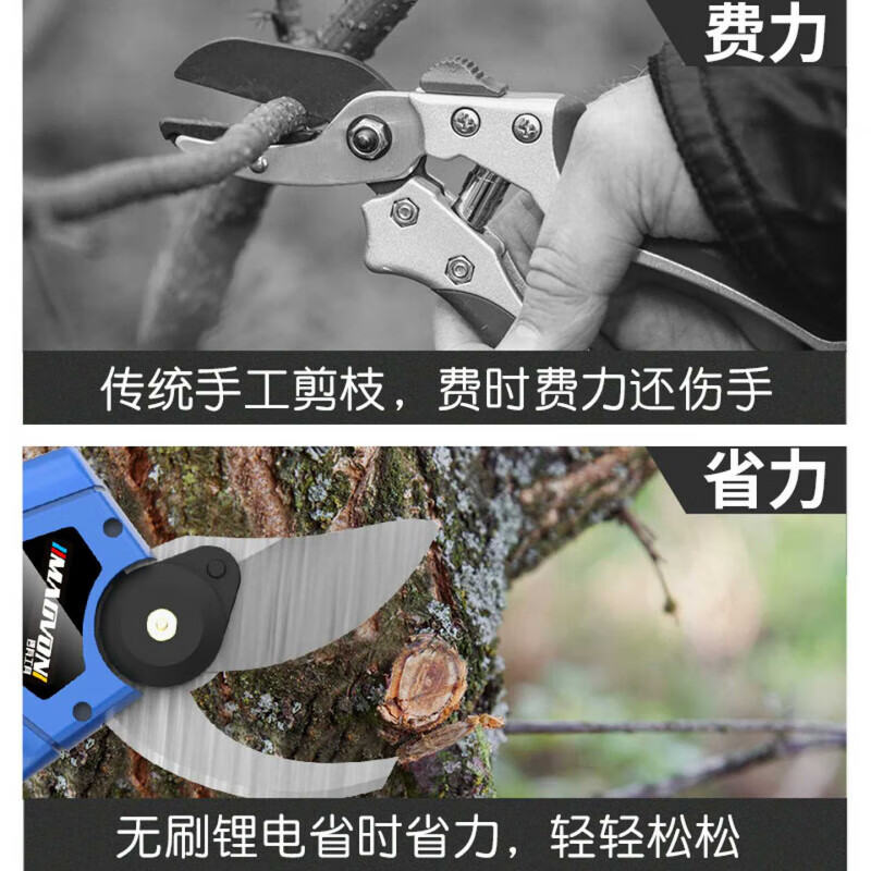 Miaoyou electric pruning shears, rechargeable multi-functional garden pruners, fruit tree pruning, thick branches, lithium battery, extra large LCD model + dual power to send 2 blades + plastic box