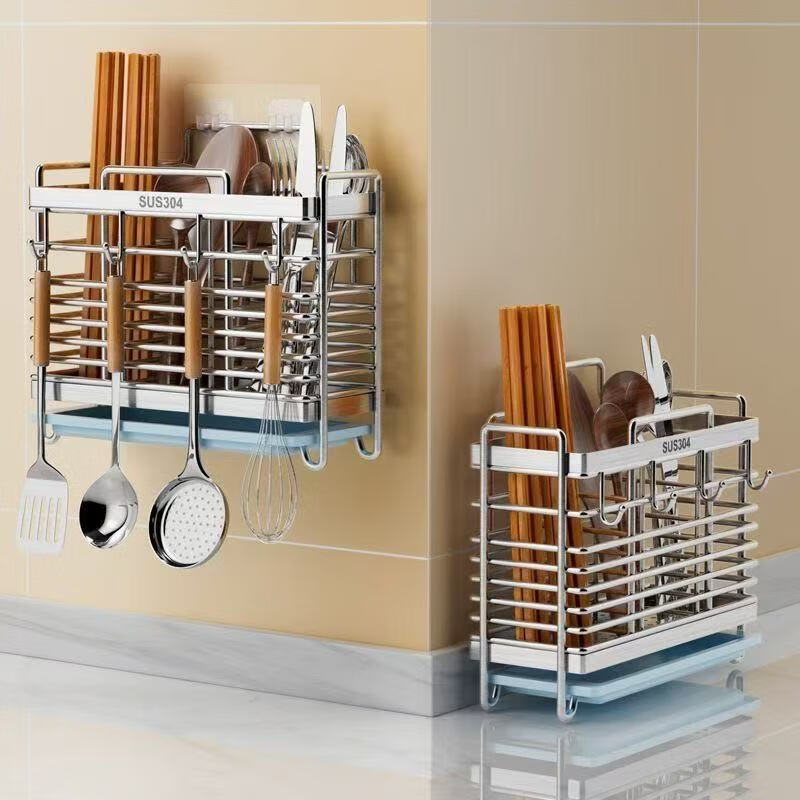 304 stainless steel chopstick barrel household chopstick storage box kitchen chopstick cage wall-mounted knife holder spoon storage rack round line style 2-grid chopstick cage