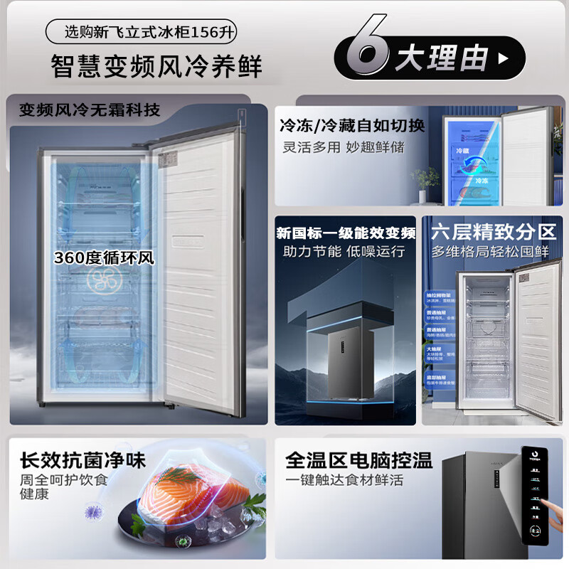 Xinfei Freezer Vertical Air-cooled Frost-free 130/156 Upgraded Level 1 Energy Efficiency Energy-Saving Frequency Converter-32 Deep-Cold Breast Milk Fresh Refrigeration Freezer Side-Opening Freezer Home Gray 156L Air-cooled Frost-free | 4 Drawers 2 Shelves