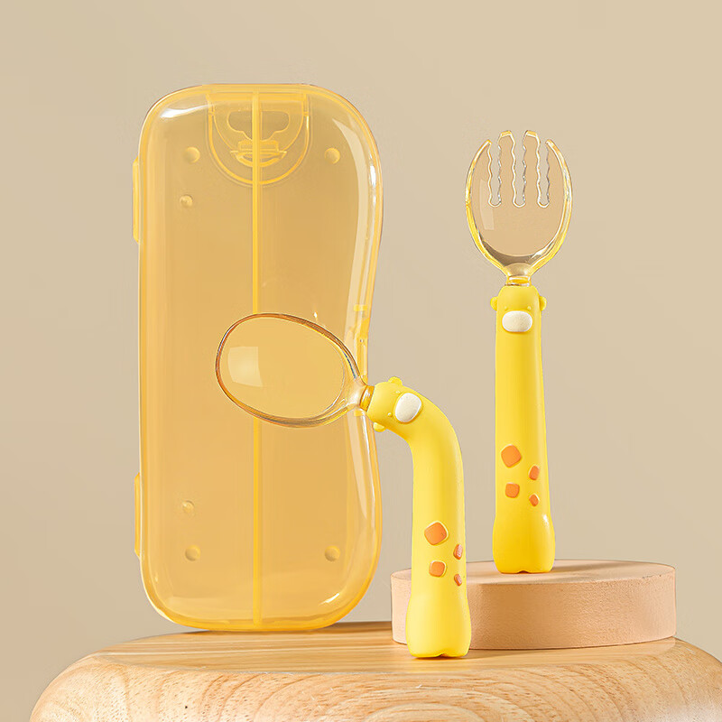 Shantou Lincun baby spoon learns to eat, trains baby to eat independently, silicone spoon, bendable fork spoon, food spoon, children's tableware PPSU fork and spoon set, light orange