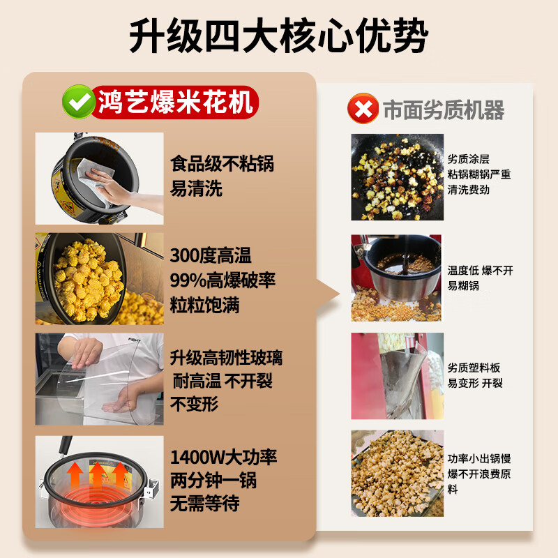 Hongyi Western Kitchen popcorn machine for commercial stalls with new fully automatic rice popcorn three-in-one machine spherical butterfly-shaped corn popping machine cinema Internet celebrity small popcorn machine corn kernel raw material large flat-top red popcorn machine + popcorn machine cart