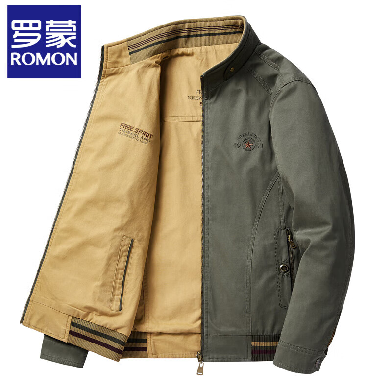 Romon Reversible Jacket Men's Spring and Autumn Pure Cotton Middle-aged Men's Stand-up Collar Top Loose Large Size Dad Casual Jacket