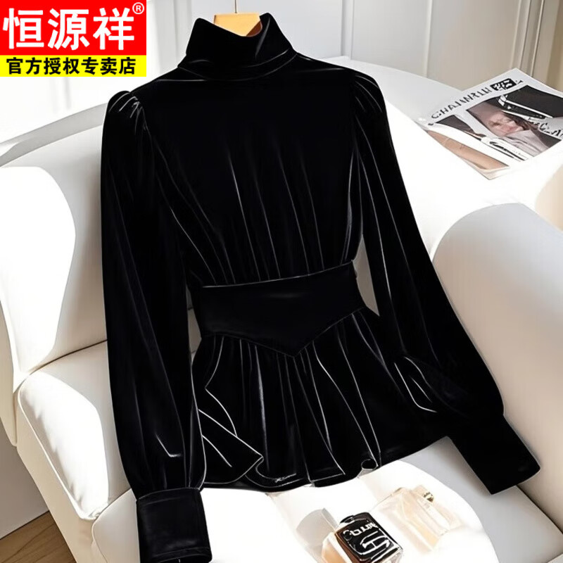 Hengyuanxiang gold velvet bottoming shirt women's top autumn and winter style inner long-sleeved shirt 2025 black thickened and velvet black regular style XL 120-135 catties