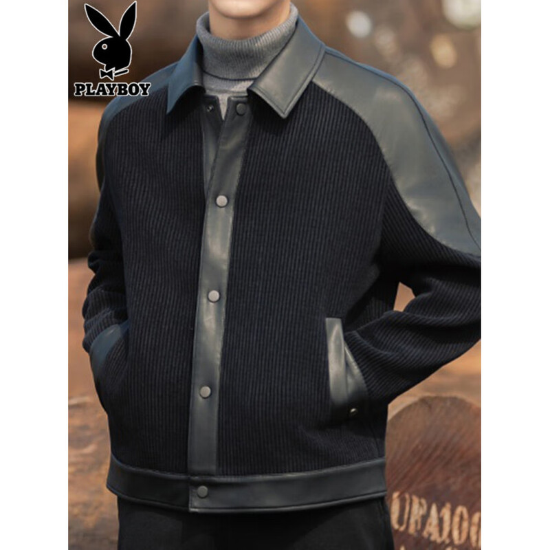 Playboy (PLAYBOY) Lapel Jacket Men's Autumn Trendy Handsome Loose Spliced Leather Jacket Men's Spring and Autumn Style 3076 Black XL