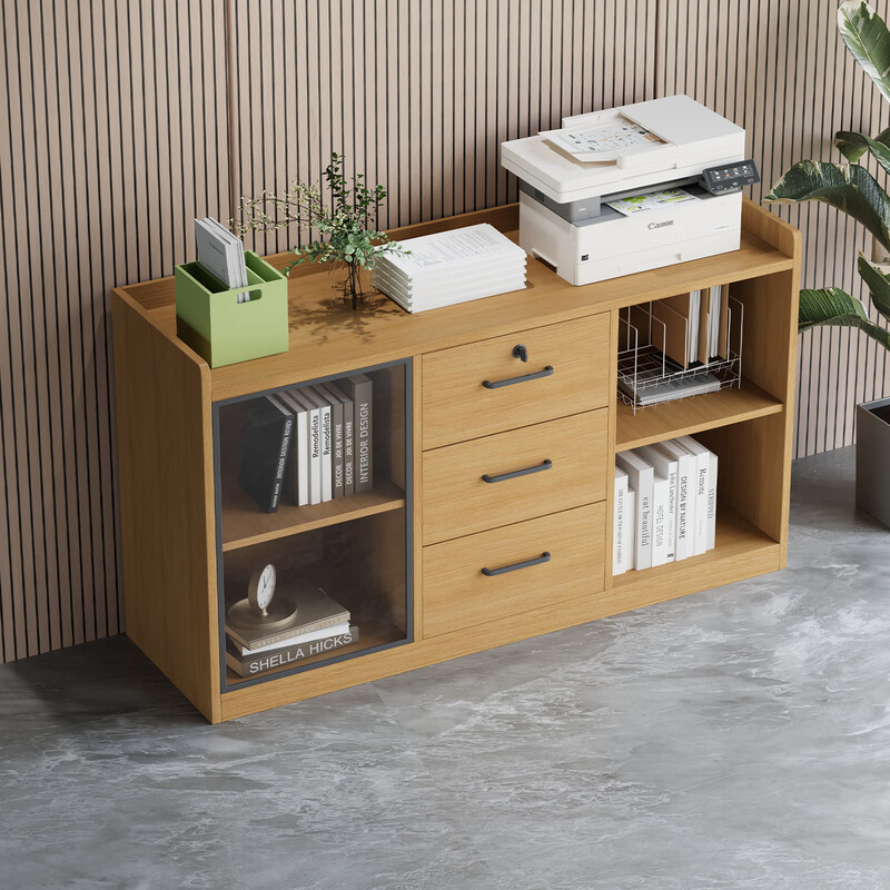 Maiya furniture printer cabinet tea cabinet low cabinet file cabinet office cabinet side cabinet side cabinet glass door mobile cabinet floor-standing package installation Kal wood 160*40*75cm double door glass-package installation