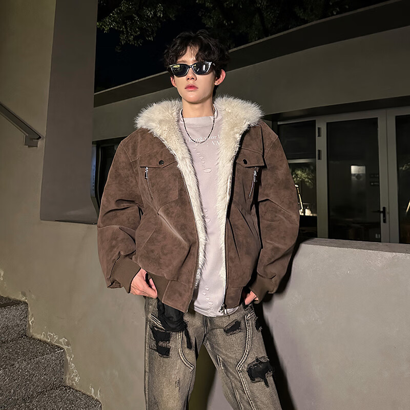 NYING mountain carved pu leather jacket men's winter new American trendy brand plus velvet thickened warm casual jacket loose top gray L (105-120 pounds)