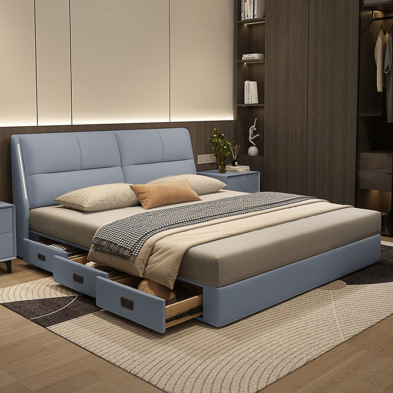 Italian light luxury leather bed double bed master bedroom large bed modern simple internet celebrity bed high-end atmospheric soft-covered wedding bed leather bed door-to-door delivery 1800mm*2000mm frame structure