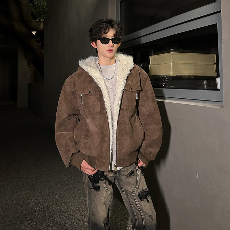 NYING mountain carved pu leather jacket men's winter new American trendy brand plus velvet thickened warm casual jacket loose top gray L (105-120 pounds)