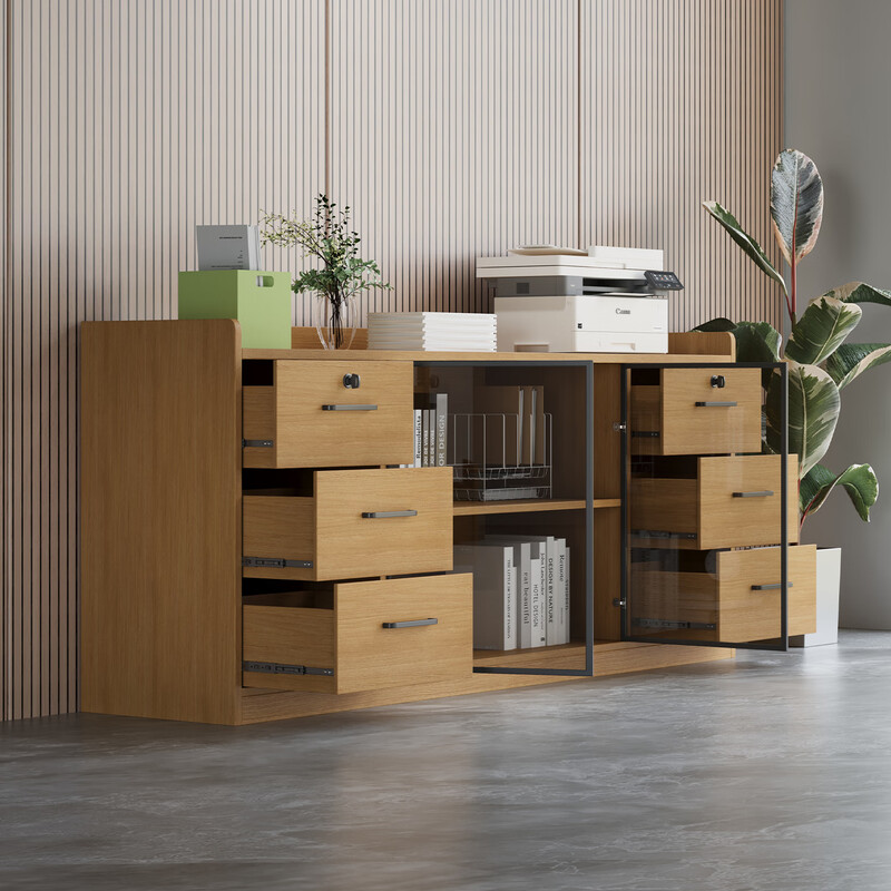 Maiya furniture printer cabinet tea cabinet low cabinet file cabinet office cabinet side cabinet side cabinet glass door mobile cabinet floor-standing package installation Kal wood 160*40*75cm double door glass-package installation