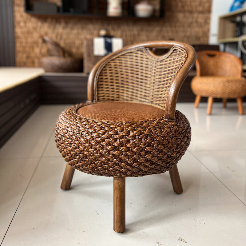 Shantou Lincun Rattan Rattan Chair Backrest Single Small Chair New Chinese Style Simple Balcony Home Living Room Coffee Table Tatami Low Stool Light Coffee (With Legs)