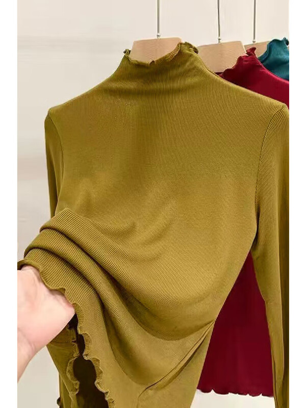 Threaded half-turtle collar bottoming shirt for women, 2025 autumn and winter slim-fit fungus long-sleeved T-shirt for women, can be worn outside 1000-ginger yellow L recommended 95-105 pounds