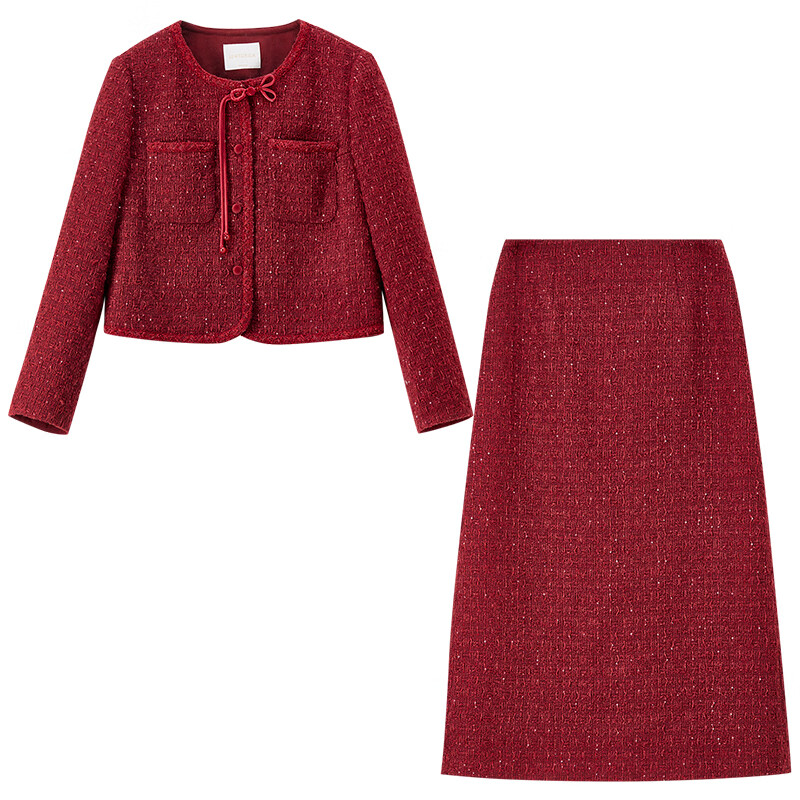 Shandubila New Year red small fragrance suit for women winter sheep wool national style buttoned jacket with slit straight skirt