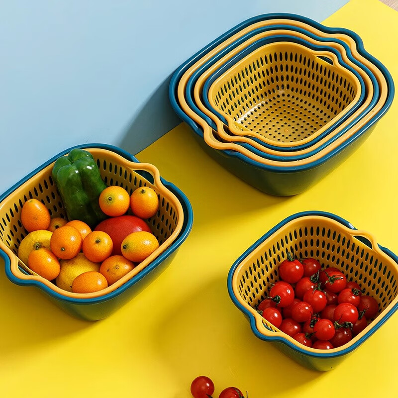 Xincong double-layered sink drain basket six-piece set for kitchen fruit plate living room household washing basin vegetable basket rounded corners medium blue and yellow 1 piece set 2 pieces