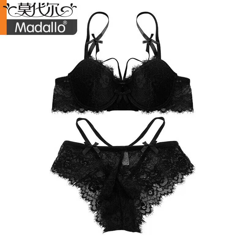 Modal French Sexy Lace Pure Desire Big Breast Revealing Small Push Up Underwear Set Bra Hollow Internet Red Bow Bra Black (Set) 70A S Size (32BC Full Cup)