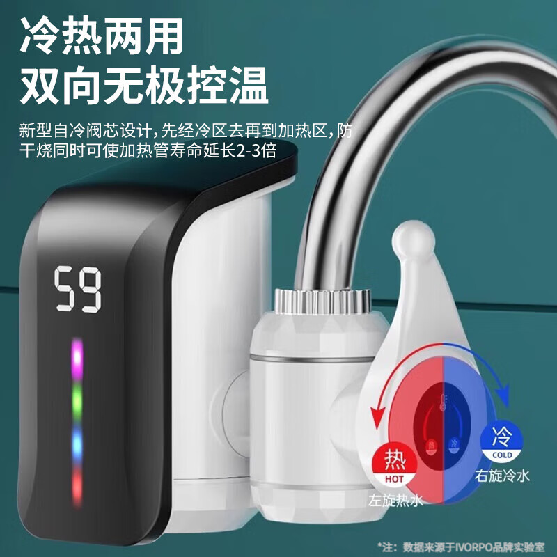 IVORPO Germany electric hot water faucet installation-free frequency conversion constant temperature heating fast heating fast electric heating instant heating kitchen sink kitchen treasure electric water heater faucet large screen dynamic model丨2.2 meters wire gradient LED light plug-in fast heating temperature adjustment 3300w
