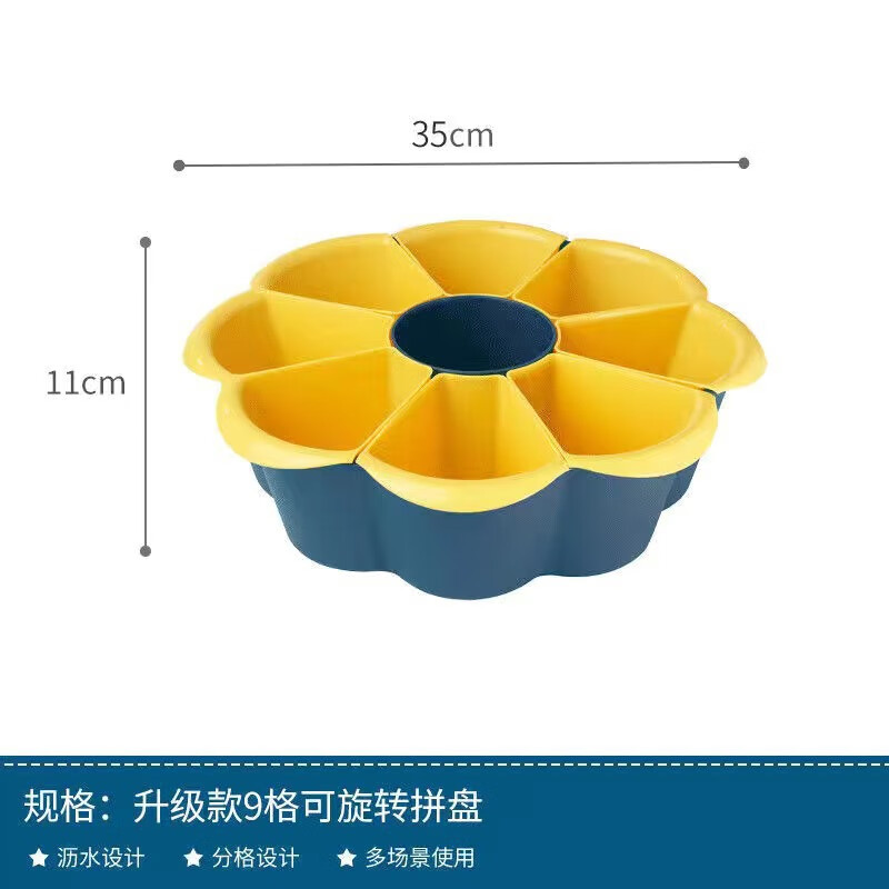 UOSO hot pot side dish hot pot dish artifact large nine-point grid basket family side dish rotating drain hot pot vegetable basket blue and yellow nine-grid round side dish plate household vegetable basket storage rack family multi-functional platter divided plate