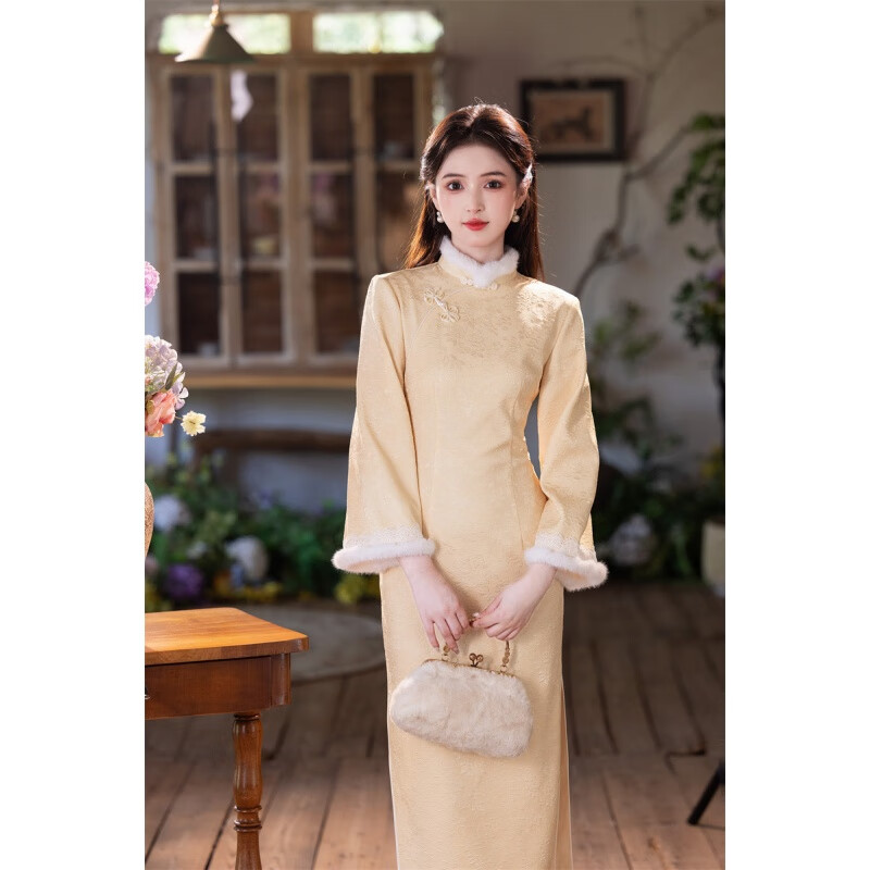 Du Yanzhi 2025 winter new style jacquard composite super soft plus velvet thickened long cheongsam light purple noble and elegant temperament cheongsam light purple plus velvet L 100-110 catties (height standard of 1.6 meters)