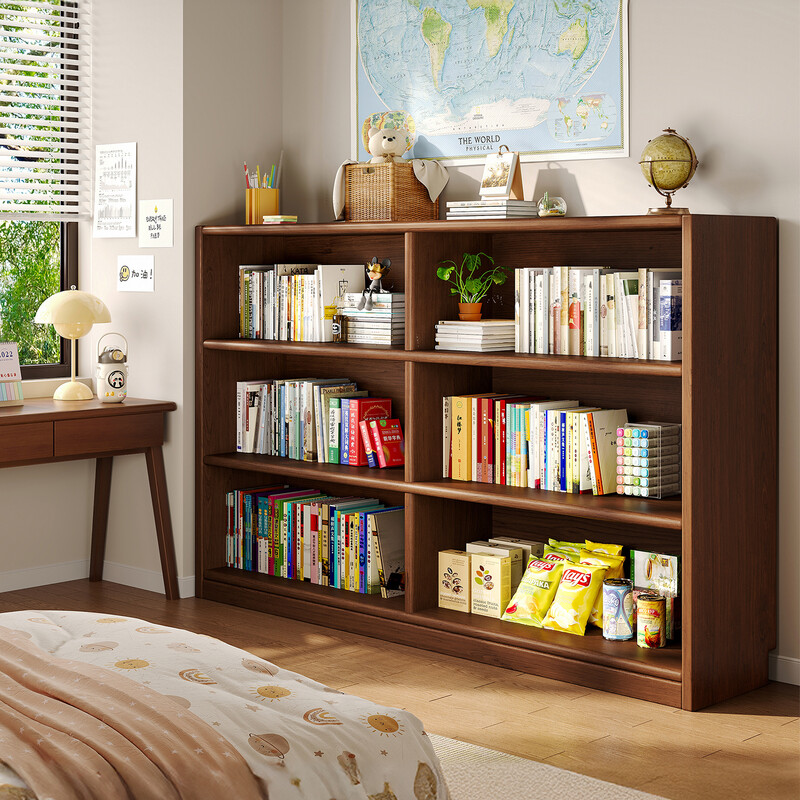 Lin Zhiyu solid wood bookshelf rack floor-standing student home storage storage cabinet grid display short bookcase integrated against the wall walnut color deepened 2 layers 140*30*76.5 3A grade imported solid wood