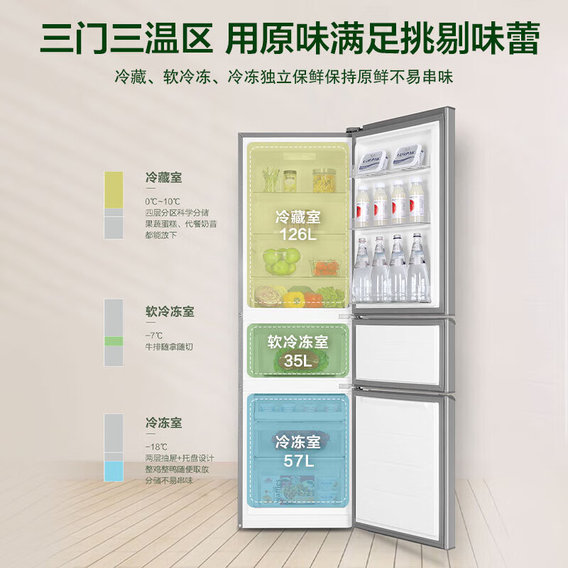 Haier produces refrigerator 218 liters three-door energy-saving low-noise rental household large-capacity refrigerator three-door Tongshuai mid-door soft-freezing small energy-saving deep-freezing quick-freezing refrigerator Haier Smart Home 218 liters three-door smart refrigerator