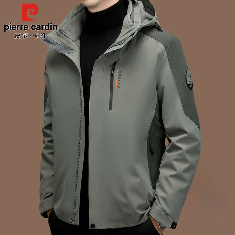 Pierre Cardin Soft Shell Jacket Men's Jacket Three-in-One Jacket Autumn and Winter Outdoor Mountaineering Wear Men's Military Green 2XL