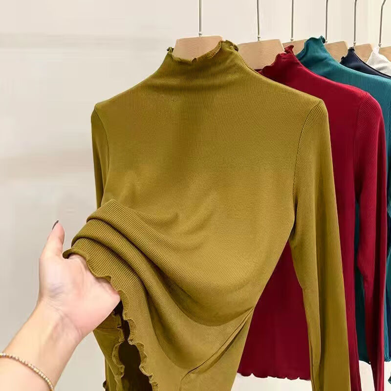 Threaded half-turtle collar bottoming shirt for women, 2025 autumn and winter slim-fit fungus long-sleeved T-shirt for women, can be worn outside 1000-ginger yellow L recommended 95-105 pounds