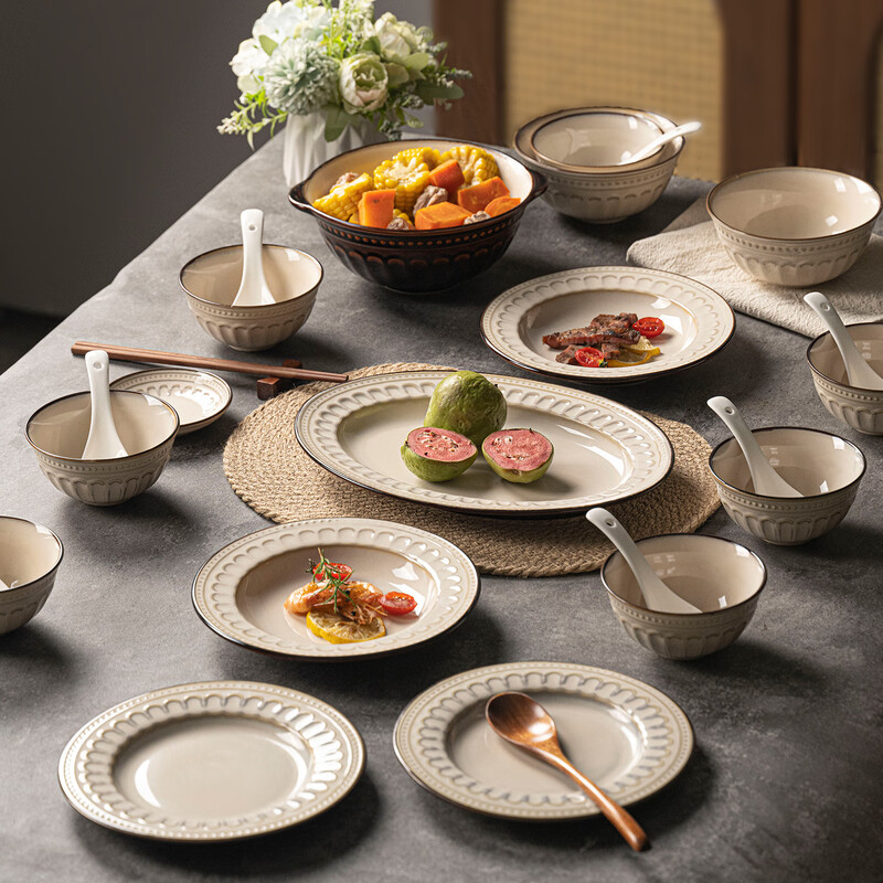 Agudo bowl and dish set household Japanese bowls and plates complete set Jingdezhen ceramic tableware bowls and chopsticks plates and bowls housewarming gift Roman food for 4 people (soup bowl configuration) 24-piece set