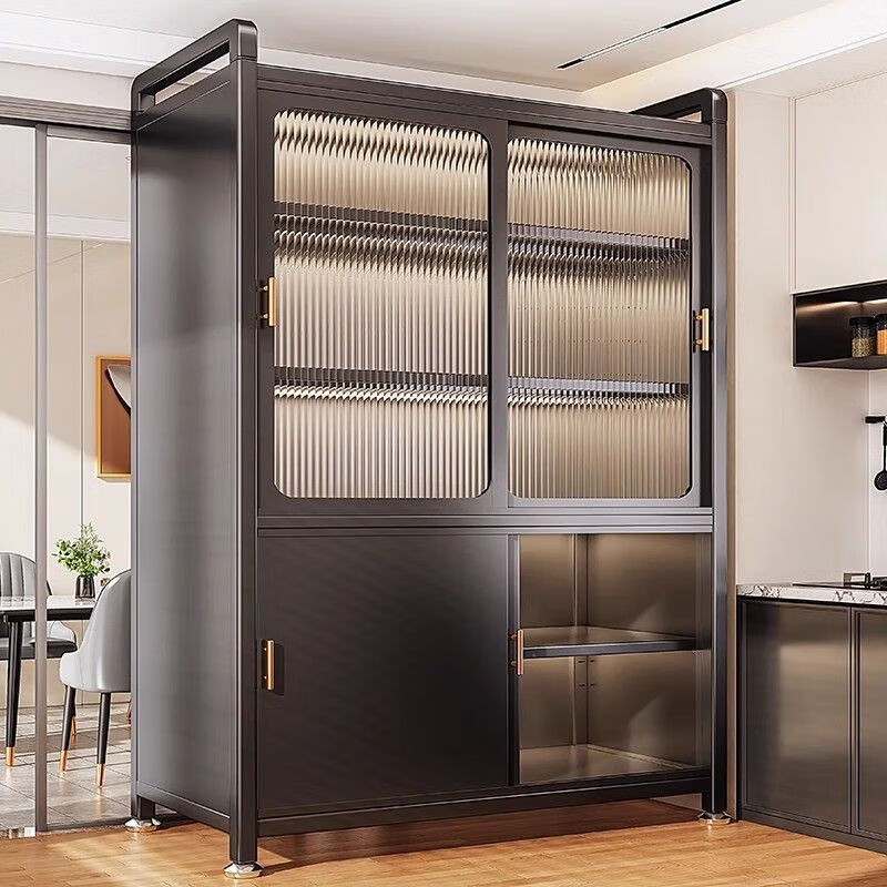 Kitchen cabinets multi-layer floor-to-ceiling sliding door cabinets household pots and bowls storage cabinets multi-functional storage cabinets high-grade gray-6 layers length 80 width 42 height 187 | Upgraded sliding door