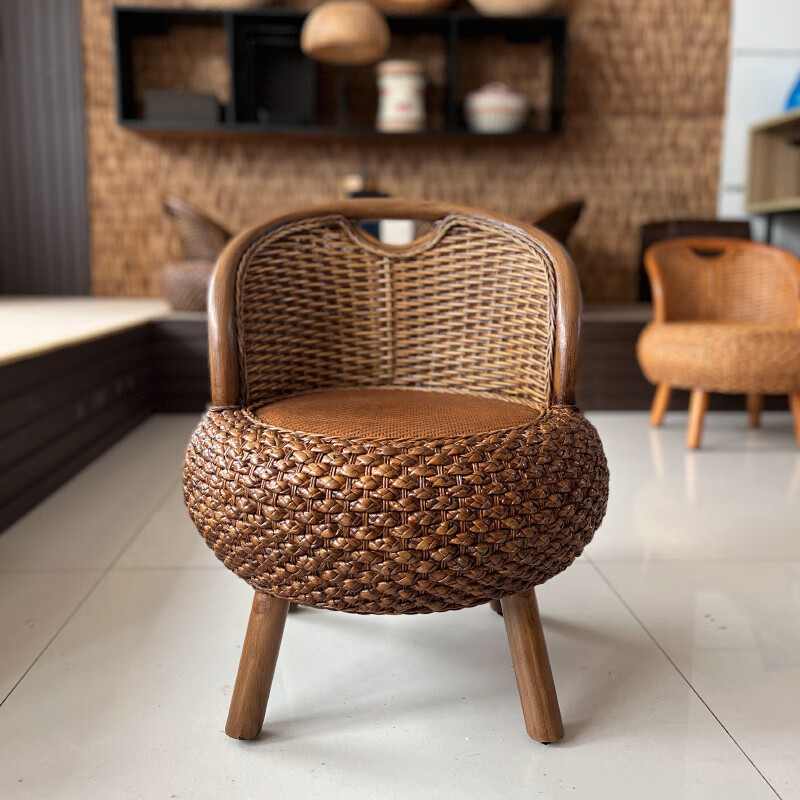 Shantou Lincun Rattan Rattan Chair Backrest Single Small Chair New Chinese Style Simple Balcony Home Living Room Coffee Table Tatami Low Stool Light Coffee (With Legs)
