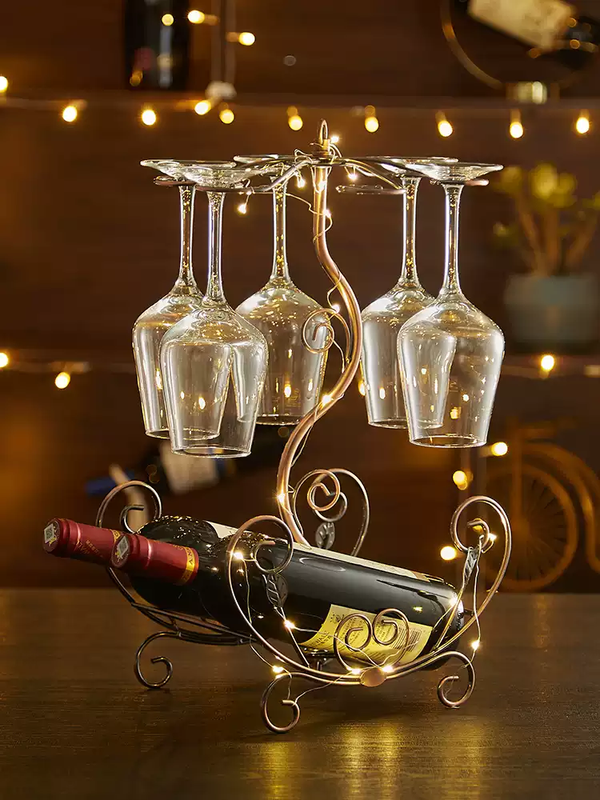 Fantasy creative wine rack, home wine bottle rack, upside-down wine glass rack, European style wine cabinet ornaments, wine rack, small flower boat - gold + 6 180ml wine glasses
