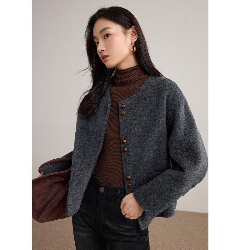 Shandubila warm thick double-sided woolen coat for women winter wool light luxury round neck straight coat contrasting design cardigan top