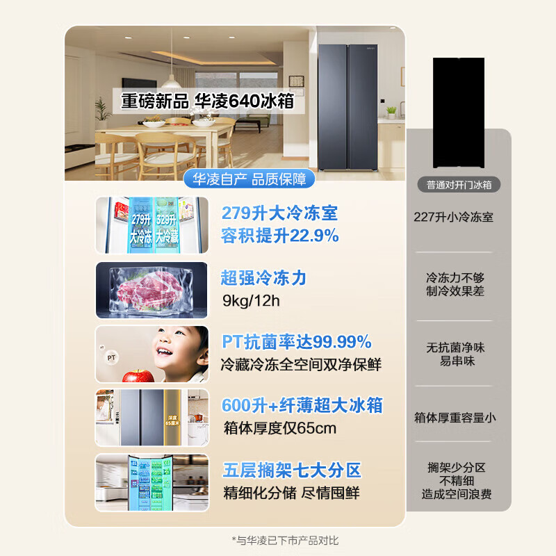 Midea produces Hualing refrigerator double-door double-door 640 large capacity first-class energy efficiency dual frequency conversion circulation system PT clean taste ultra-thin air-cooled frost-free energy-saving household refrigerator new product 608 liters 9.5KG large freezing power dual frequency conversion circulation system PT