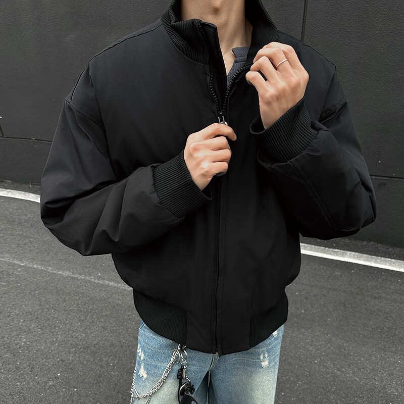 Homlean American retro flight jacket men's autumn and winter stand-up collar baseball uniform casual top coat HJ32 black cotton XL