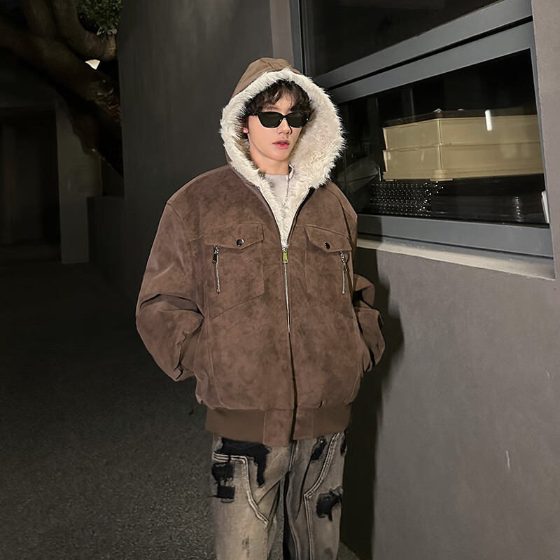 NYING mountain carved pu leather jacket men's winter new American trendy brand plus velvet thickened warm casual jacket loose top gray L (105-120 pounds)