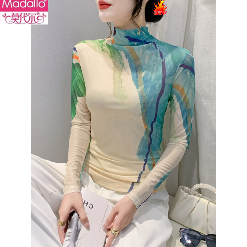 Modal European style printed mesh long-sleeved T-shirt women's turtleneck bottoming shirt autumn and winter slim-fitting and trendy age-reducing tops 0886# S