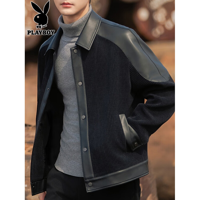Playboy (PLAYBOY) Lapel Jacket Men's Autumn Trendy Handsome Loose Spliced Leather Jacket Men's Spring and Autumn Style 3076 Black XL