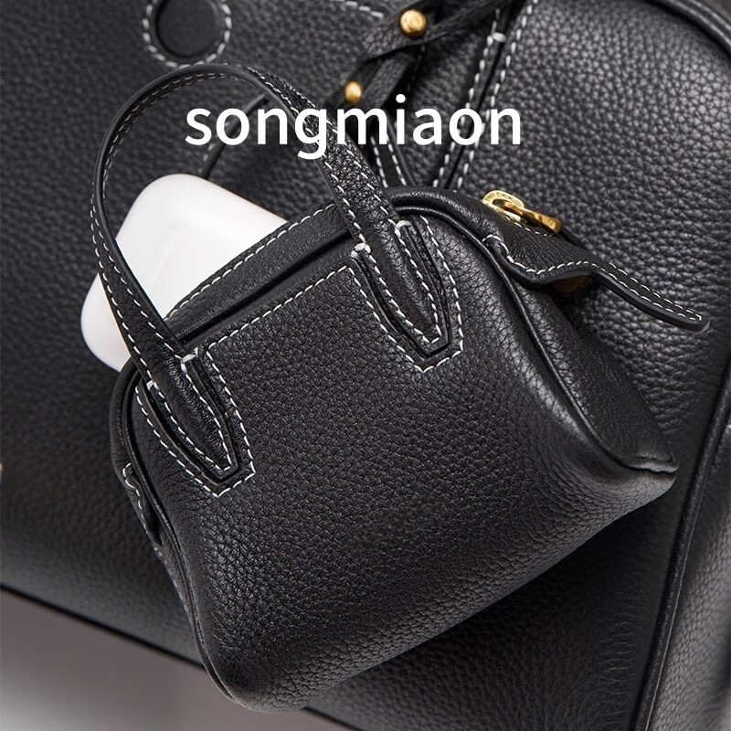 SONGMIAON Yamashita Track Series Bowling Headphone Bag Hand Carrying Mini Key Lipstick Bag Pendant School Bag Accessories Small Pendant Smoked Black Cowhide