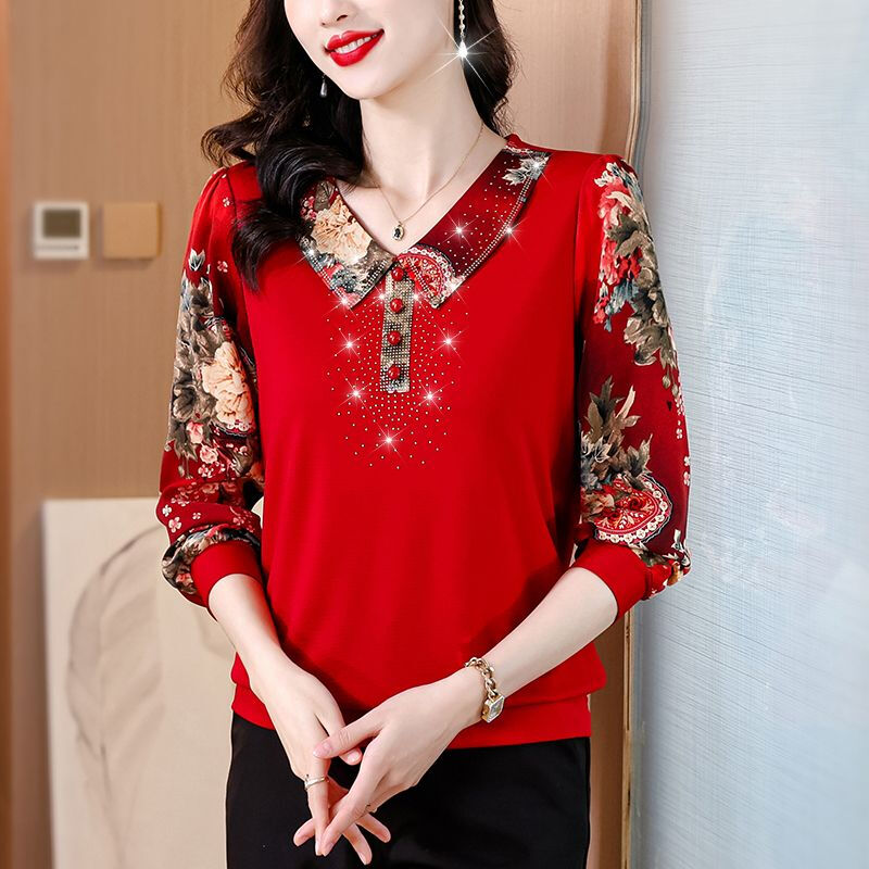 2025 DeRong Fabric Autumn and Winter Large Size Versatile Fashion Belly Covering Top Women's Hot Diamond Western Style T-Shirt Long Sleeve Bottoming Shirt Burgundy 4XL Recommended 160-175 catties
