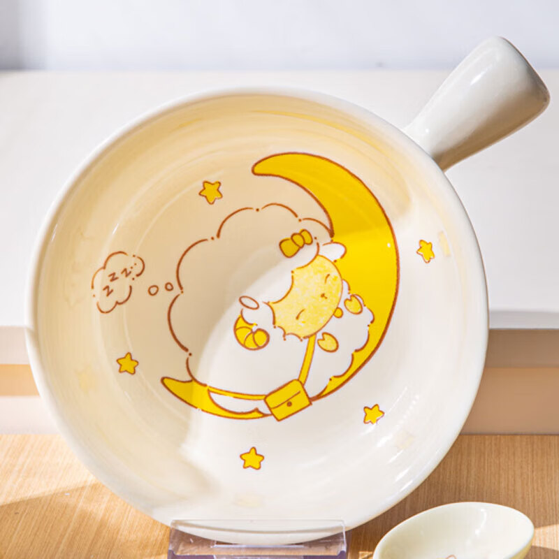 Cream tableware for one person, cartoon ceramic handle bowl, underglaze color instant noodle bowl, household rice bowl, high-looking plate, Goodnight Sheep (handle bowl) 1-piece set