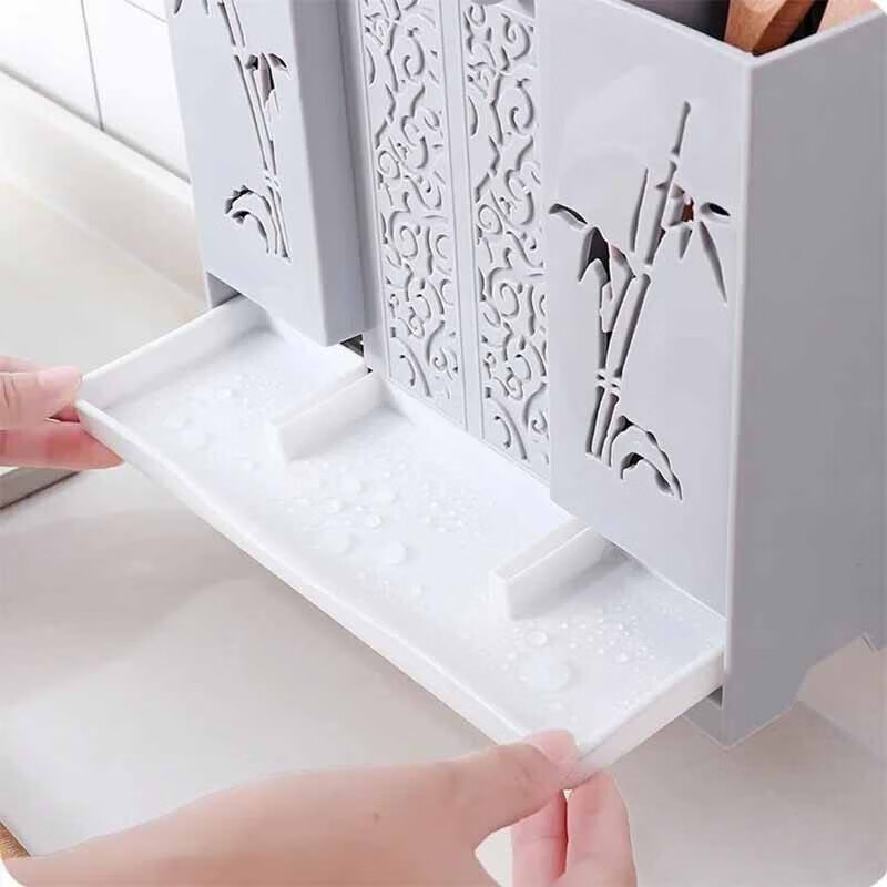 Chopstick tube wall-mounted chopstick storage box kitchen spoon chopstick box household chopstick basket storage rack without punching wall-mounted with knife holder (light blue)