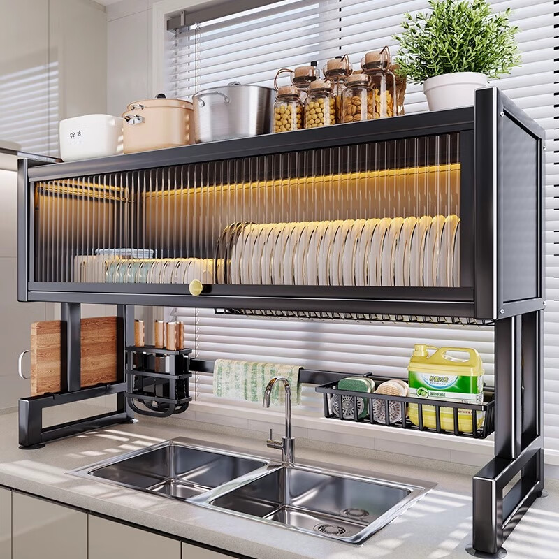 Jingyouyu German kitchen sink rack wash basin dustproof bowl counter top storage tableware multifunctional storage rack black - main rack length 65cm + 6 hooks