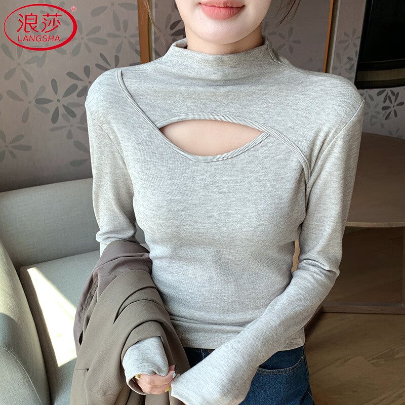 Langsha half turtleneck bottoming shirt for women, brushed inner wear, winter 2025 new style, high-end hollow long-sleeved T-shirt, pure desire top