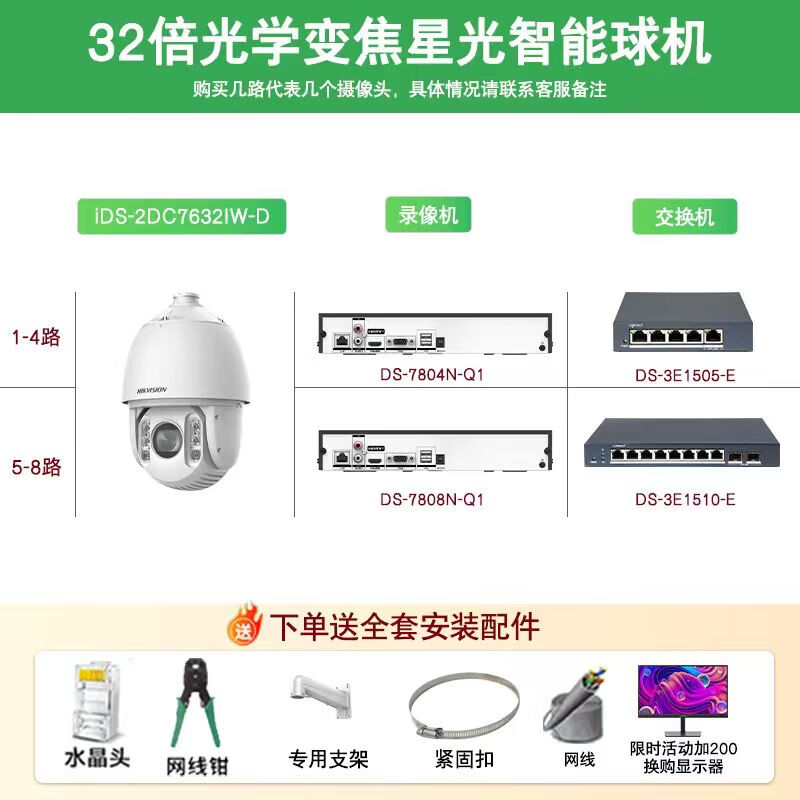 Hikvision long-distance high-magnification optical zoom camera, smart PTZ cruise, face capture, 7-inch dome camera, outdoor security monitoring multi-scene solution to solve mobile phone remote 32x optical zoom | 6 million-1 way 8T hard drive