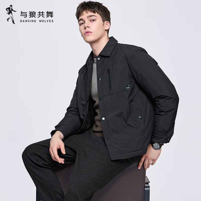 Dances with Wolves Down Lined High Frequency Lapel Jacket Men's 2025 Autumn and Winter New Light Warm Men's Casual Jacket 1006 Black 001 M (170)