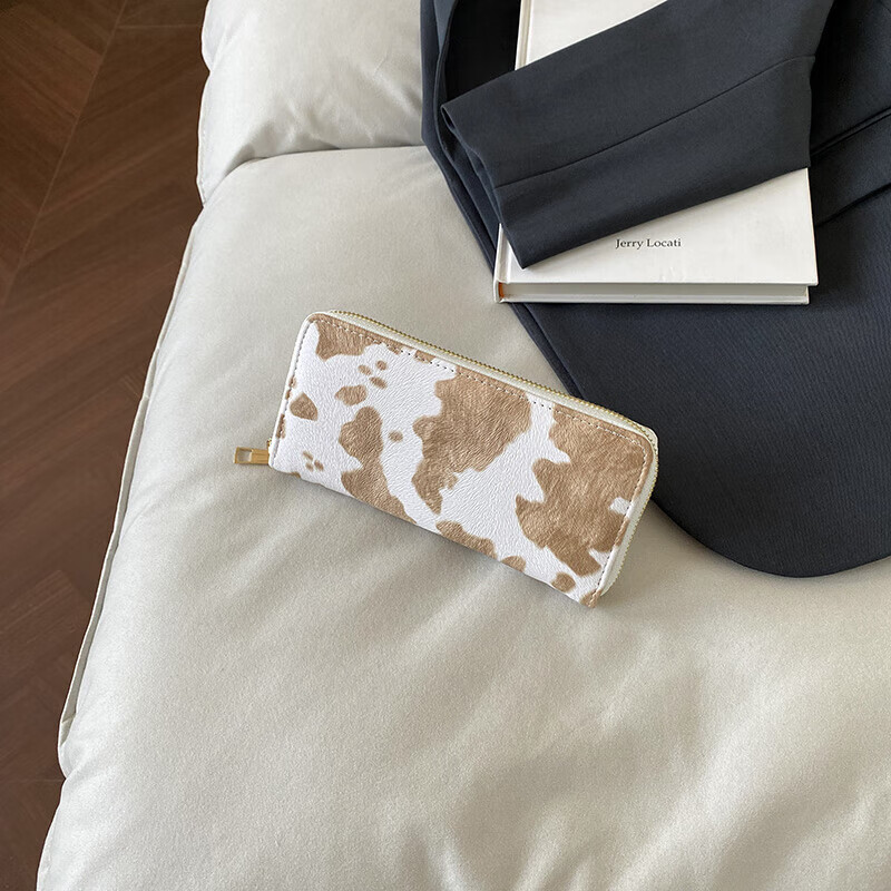 Retro cow print women's wallet multi-card slot wallet women's long wallet ID bag bank card card bag khaki white