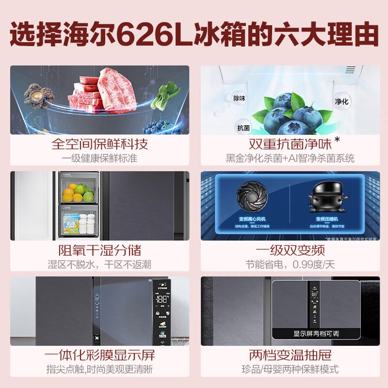 Haier 626 liter two-door 325 liter large freezer full-space fresh-keeping large capacity dual-frequency first-class energy-efficiency household energy-saving refrigerator full-space fresh-keeping 325 liter large freezer space dry and wet storage
