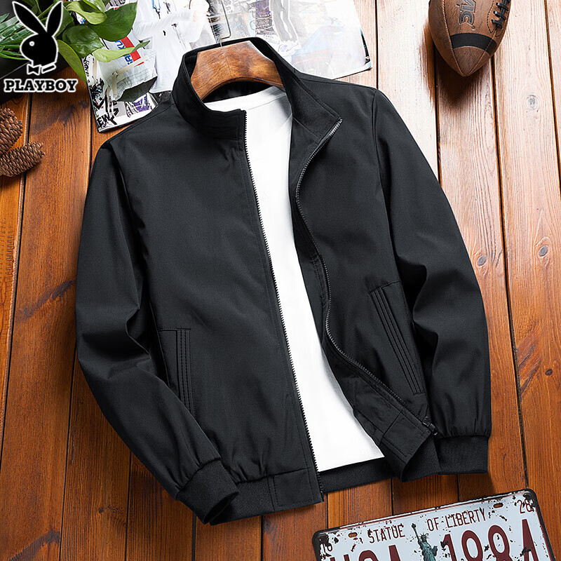 Playboy Men's Casual Jacket 2025 Spring and Autumn New Stand Collar High-end Trendy Baseball Uniform Short Windbreaker Men's Black XL